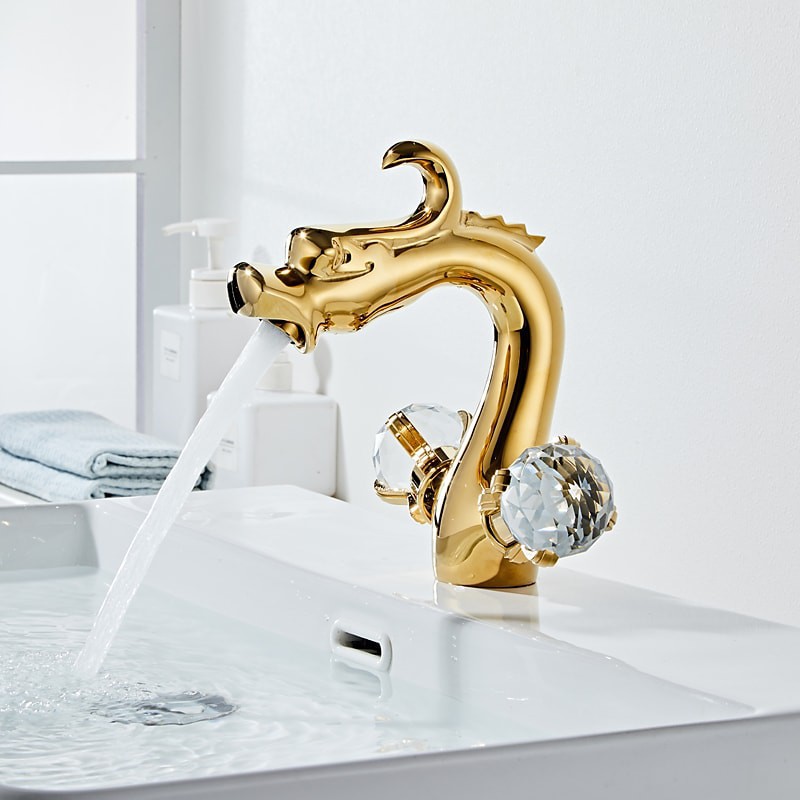 Discount Crystal Handle Dragon Shape Antique Brass Two Handle Bath   Crystal Handle Dragon Shape Antique Brass Two Handle Bath Faucet Hold And Hot Switch Bathroom Sink Faucet 